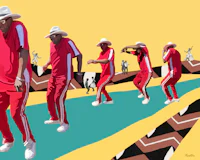 a painting of a group of people in red and white